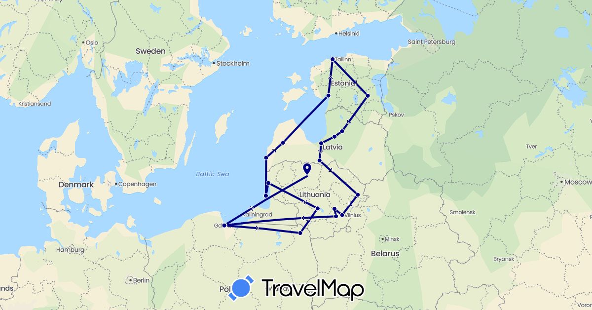 TravelMap itinerary: driving in Estonia, Lithuania, Latvia, Poland (Europe)